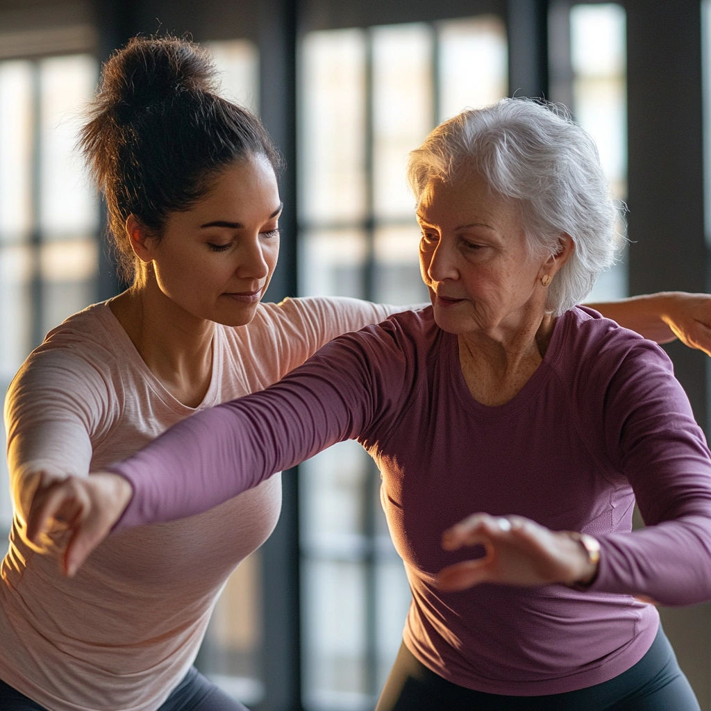 Досвідчений інструктор допомагає пенсіонерці з виконанням вправи
