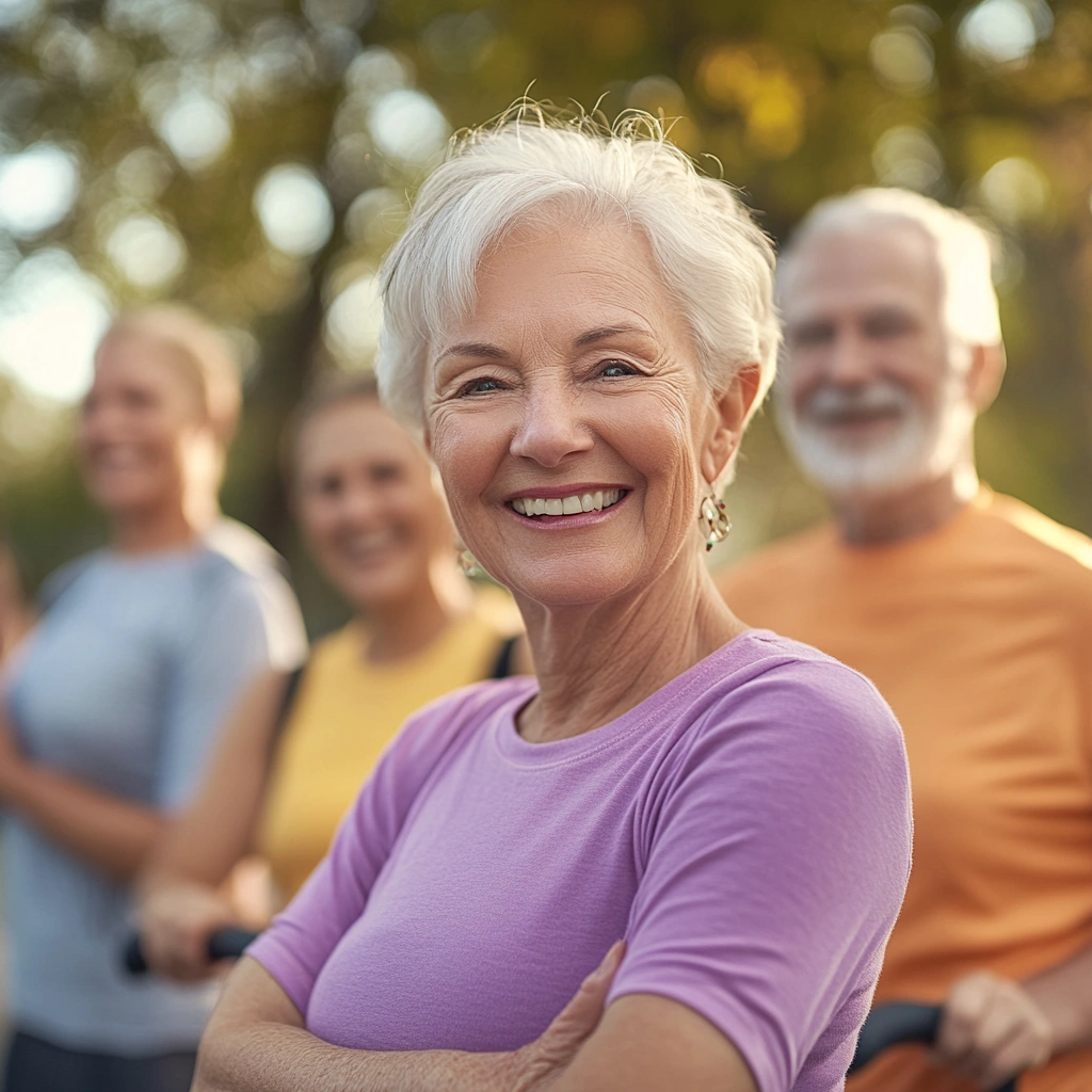 Щаслива група активних пенсіонерів займається спортом на свіжому повітрі