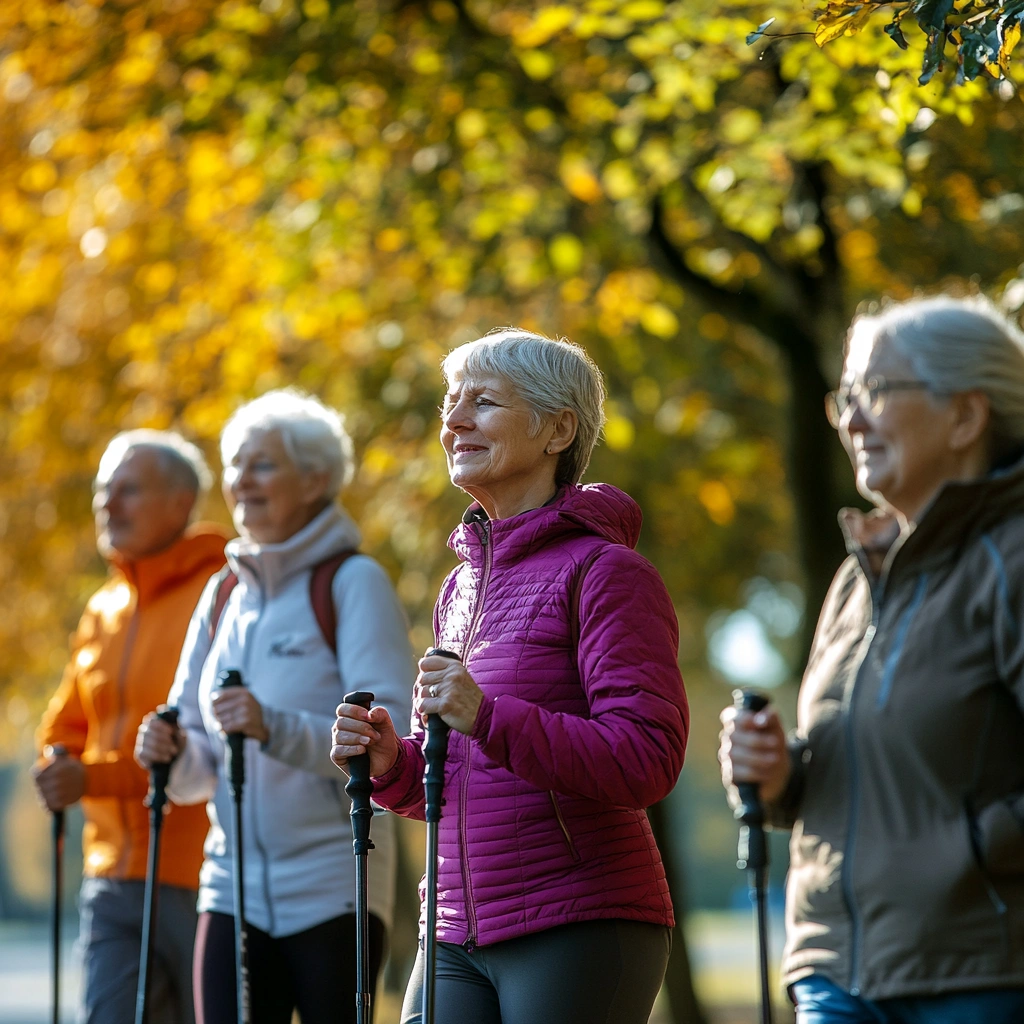 Група пенсіонерів на прогулянці з нордичними палицями в парку